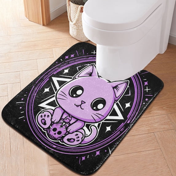 Toilet Rug U-Shaped Bathroom Rugs Non-Slip Soft Plush Machine Washable Contour Bath Mat Cute Cat with Skull 24x20