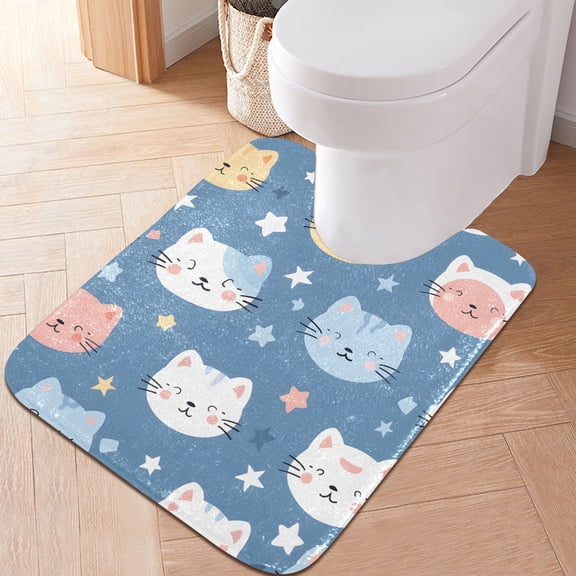Toilet Rug U-Shaped Bathroom Rugs Non-Slip Soft Plush Machine Washable Contour Bath Mat Cute Cats Face 24x20
