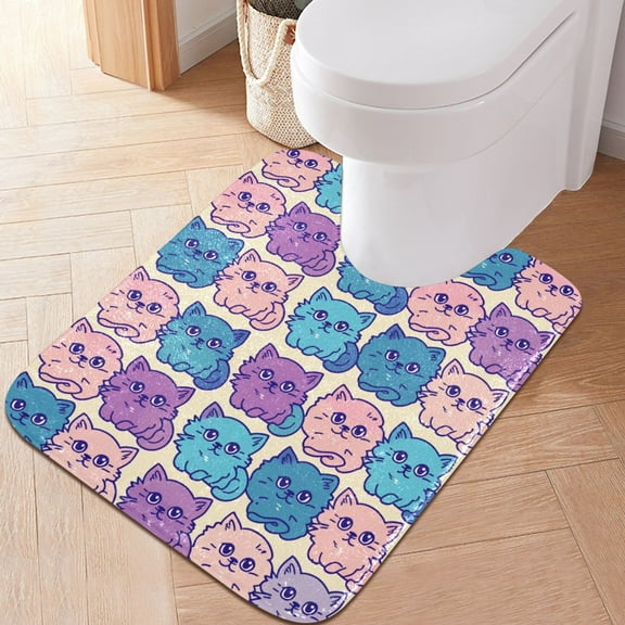 Toilet Rug U-Shaped Bathroom Rugs Non-Slip Soft Plush Machine Washable Contour Bath Mat Cute Colorful Cat 24x20