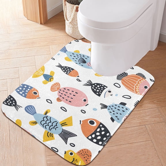 Toilet Rug U-Shaped Bathroom Rugs Non-Slip Soft Plush Machine Washable Contour Bath Mat Cute Drawing Fishes 24x20