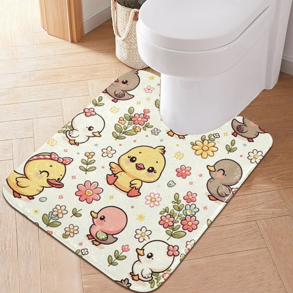 Toilet Rug U-Shaped Bathroom Rugs Non-Slip Soft Plush Machine Washable Contour Bath Mat Cute Duck and Flower 24x20