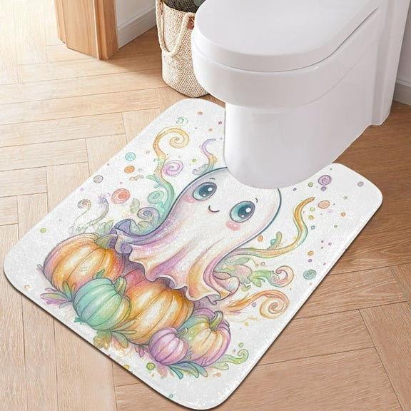 Toilet Rug U-Shaped Bathroom Rugs Non-Slip Soft Plush Machine Washable Contour Bath Mat Cute Ghost Pumpkin 24x20