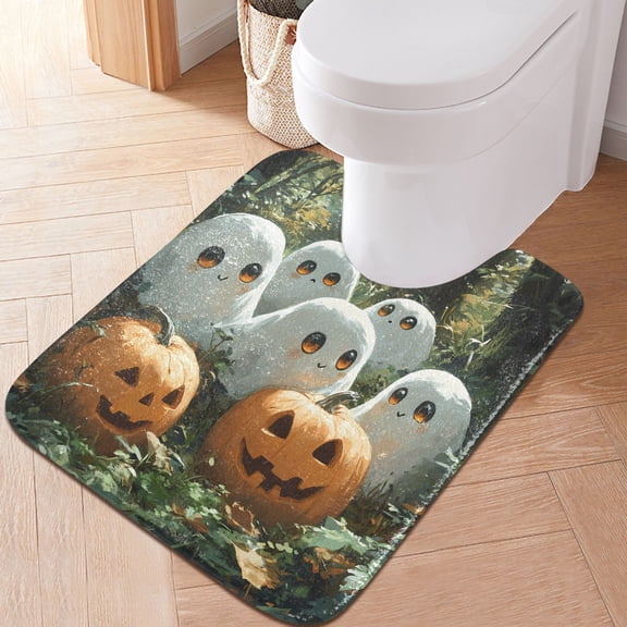 Toilet Rug U-Shaped Bathroom Rugs Non-Slip Soft Plush Machine Washable Contour Bath Mat Cute Ghosts Pumpkins in Forest 24x20