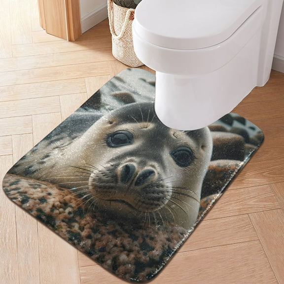Toilet Rug U-Shaped Bathroom Rugs Non-Slip Soft Plush Machine Washable Contour Bath Mat Cute Grey Seal 24x20
