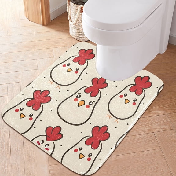 Toilet Rug U-Shaped Bathroom Rugs Non-Slip Soft Plush Machine Washable Contour Bath Mat Cute Line Chicken 24x20