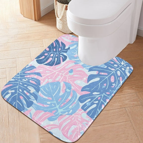 Toilet Rug U-Shaped Bathroom Rugs Non-Slip Soft Plush Machine Washable Contour Bath Mat Cute Monstera Leaves 24x20