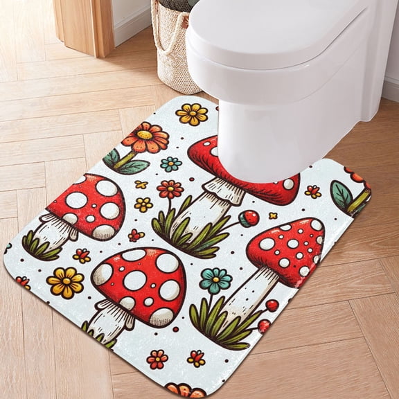 Toilet Rug U-Shaped Bathroom Rugs Non-Slip Soft Plush Machine Washable Contour Bath Mat Cute Mushroom and Flowers 24x20