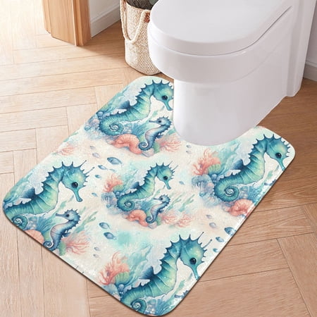 Toilet Rug U-Shaped Bathroom Rugs Non-Slip Soft Plush Machine Washable Contour Bath Mat Cute Seahorse and Seaweed 24x20