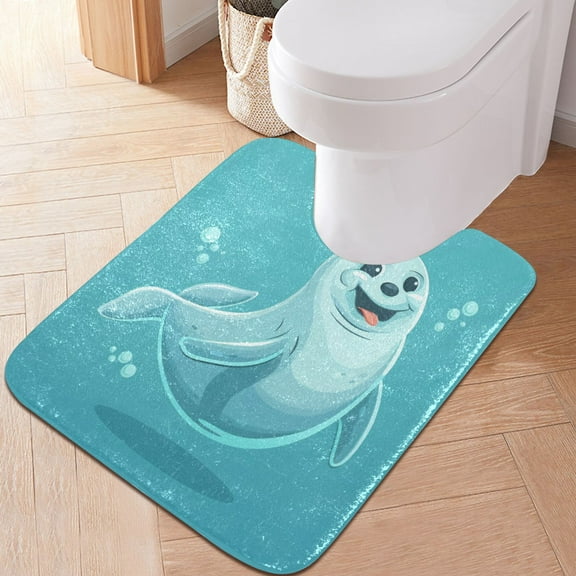 Toilet Rug U-Shaped Bathroom Rugs Non-Slip Soft Plush Machine Washable Contour Bath Mat Cute Seal 24x20