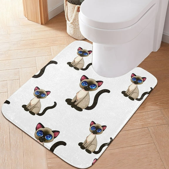 Toilet Rug U-Shaped Bathroom Rugs Non-Slip Soft Plush Machine Washable Contour Bath Mat Cute Siamese Cat 24x20