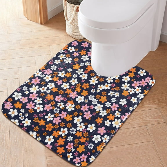 Toilet Rug U-Shaped Bathroom Rugs Non-Slip Soft Plush Machine Washable Contour Bath Mat Cute Tiny Flowers 24x20