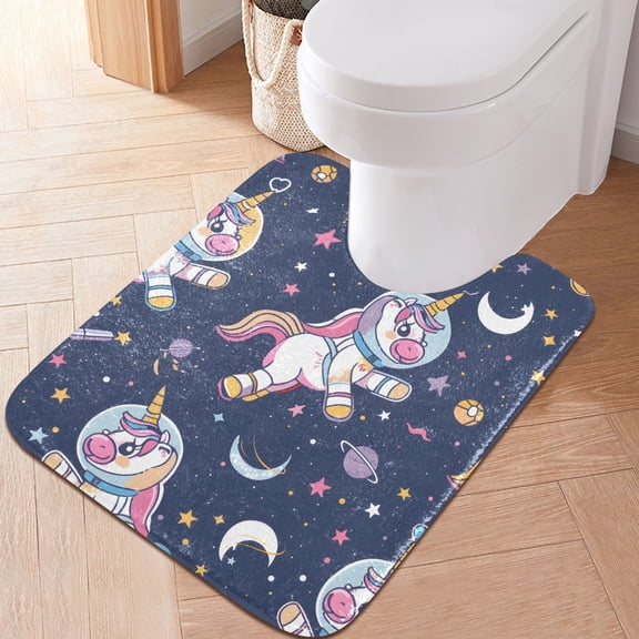 Toilet Rug U-Shaped Bathroom Rugs Non-Slip Soft Plush Machine Washable Contour Bath Mat Cute Unicorn in Space 24x20