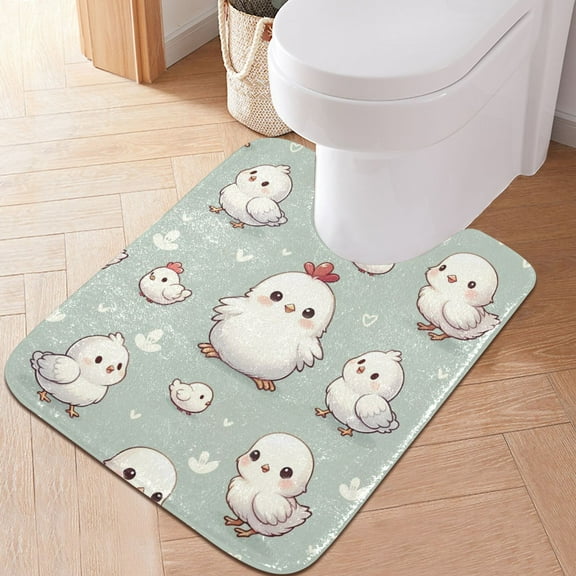 Toilet Rug U-Shaped Bathroom Rugs Non-Slip Soft Plush Machine Washable Contour Bath Mat Cute White Chicken 24x20