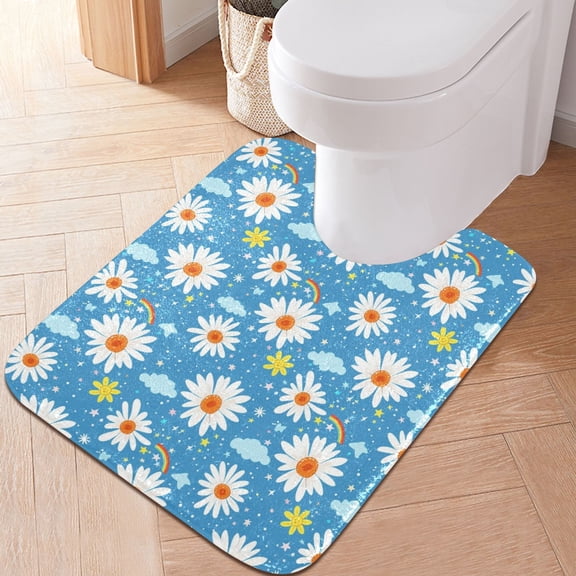 Toilet Rug U-Shaped Bathroom Rugs Non-Slip Soft Plush Machine Washable Contour Bath Mat Daisies Rainbow Cloud 24x20