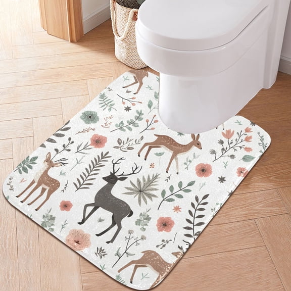 Toilet Rug U-Shaped Bathroom Rugs Non-Slip Soft Plush Machine Washable Contour Bath Mat Deer Floral Branches 24x20