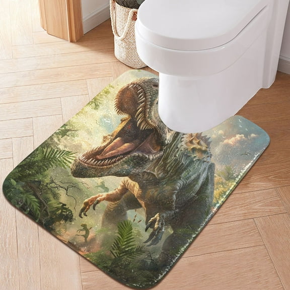 Toilet Rug U-Shaped Bathroom Rugs Non-Slip Soft Plush Machine Washable Contour Bath Mat Dinosaur Roar 24x20