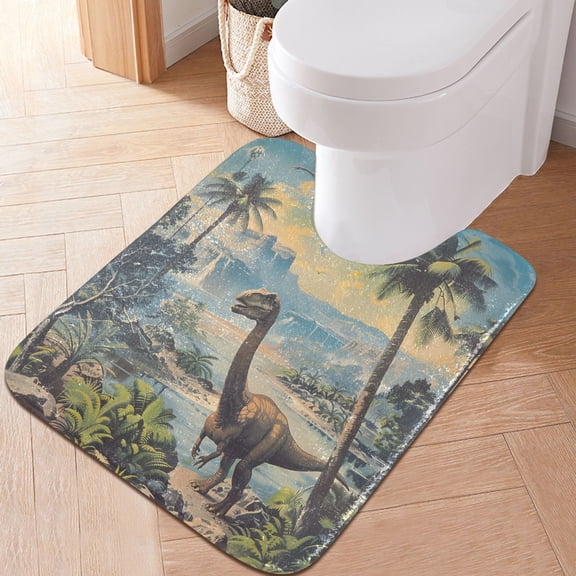 Toilet Rug U-Shaped Bathroom Rugs Non-Slip Soft Plush Machine Washable Contour Bath Mat Dinosaur in Jungle 24x20