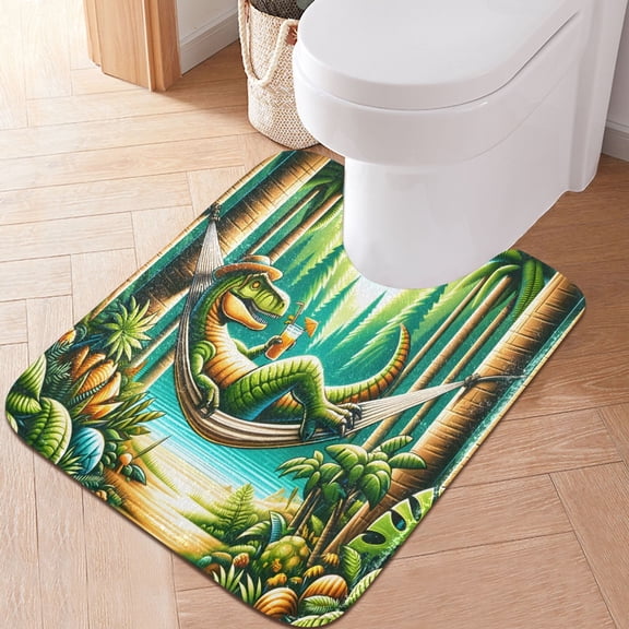 Toilet Rug U-Shaped Bathroom Rugs Non-Slip Soft Plush Machine Washable Contour Bath Mat Dinosaur on Hammock 24x20