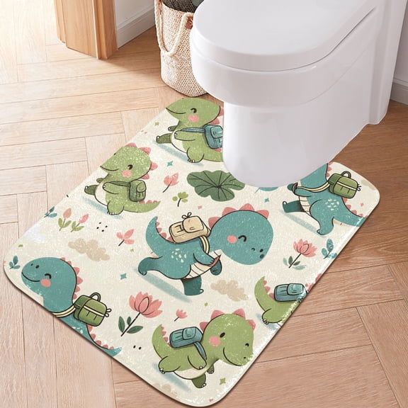 Toilet Rug U-Shaped Bathroom Rugs Non-Slip Soft Plush Machine Washable Contour Bath Mat Dinosaur with Backpack 24x20