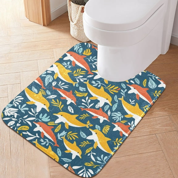 Toilet Rug U-Shaped Bathroom Rugs Non-Slip Soft Plush Machine Washable Contour Bath Mat Dolphin with Seaweed 24x20