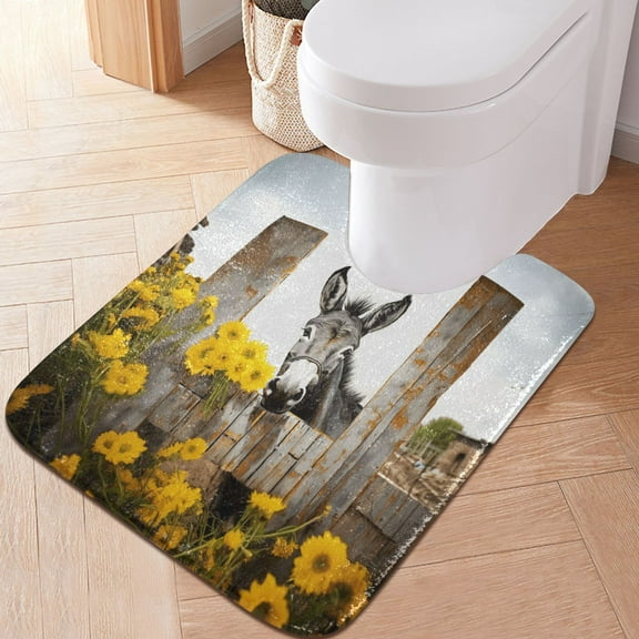 Toilet Rug U-Shaped Bathroom Rugs Non-Slip Soft Plush Machine Washable Contour Bath Mat Donkey with Chrysanthemum Flower 24x20