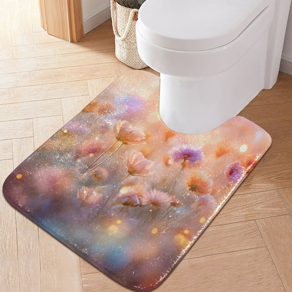 Toilet Rug U-Shaped Bathroom Rugs Non-Slip Soft Plush Machine Washable Contour Bath Mat Dreamy Flowers 24x20