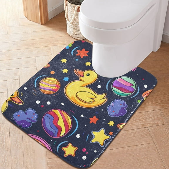 Toilet Rug U-Shaped Bathroom Rugs Non-Slip Soft Plush Machine Washable Contour Bath Mat Duck in Space 24x20