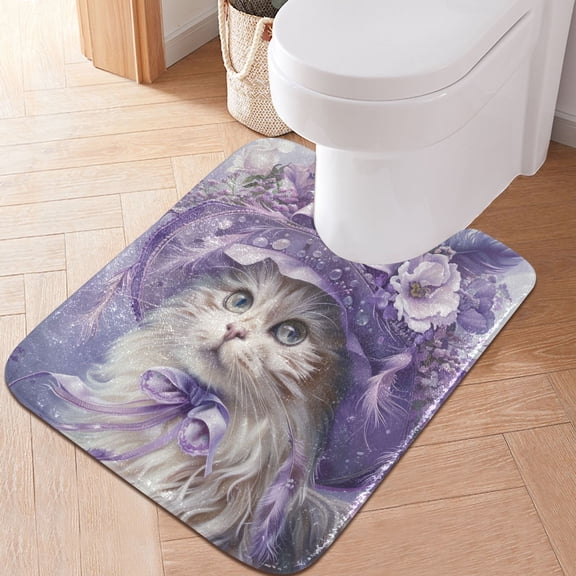 Toilet Rug U-Shaped Bathroom Rugs Non-Slip Soft Plush Machine Washable Contour Bath Mat Elegant Cat with Lilac Flowers Hat 24x20