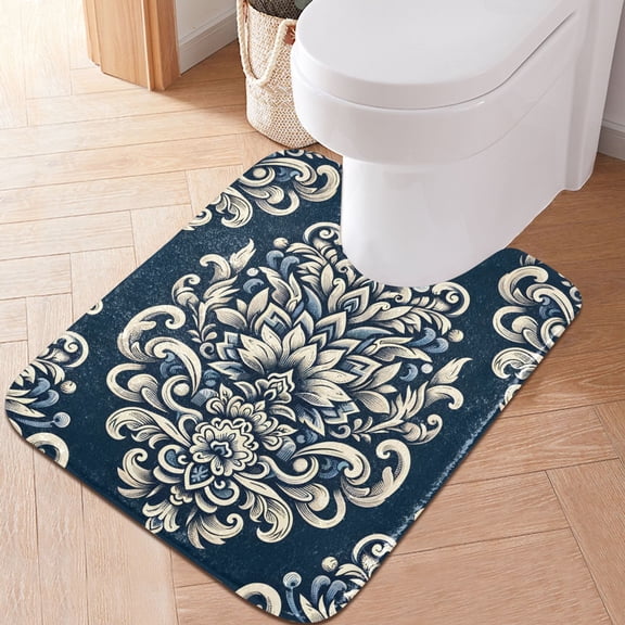 Toilet Rug U-Shaped Bathroom Rugs Non-Slip Soft Plush Machine Washable Contour Bath Mat Elegant Floral Flower 24x20