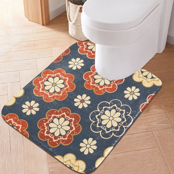 Toilet Rug U-Shaped Bathroom Rugs Non-Slip Soft Plush Machine Washable Contour Bath Mat Elegant Symmetrical Flower 24x20