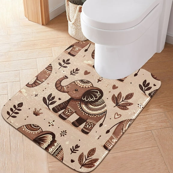 Toilet Rug U-Shaped Bathroom Rugs Non-Slip Soft Plush Machine Washable Contour Bath Mat Elephants and Leaves 24x20