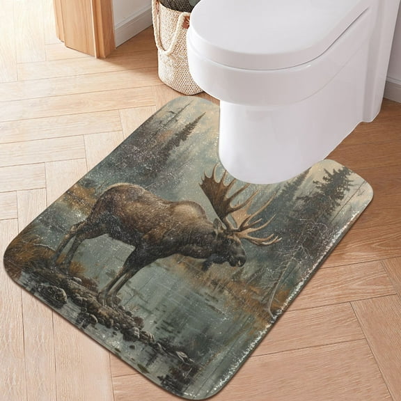 Toilet Rug U-Shaped Bathroom Rugs Non-Slip Soft Plush Machine Washable Contour Bath Mat Elk at Water Edge in Forest 24x20
