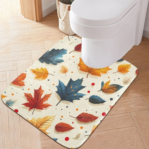 Toilet Rug U-Shaped Bathroom Rugs Non-Slip Soft Plush Machine Washable Contour Bath Mat Fall Leaf and Dots 24x20