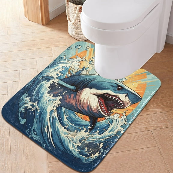 Toilet Rug U-Shaped Bathroom Rugs Non-Slip Soft Plush Machine Washable Contour Bath Mat Ferocious Shark 24x20