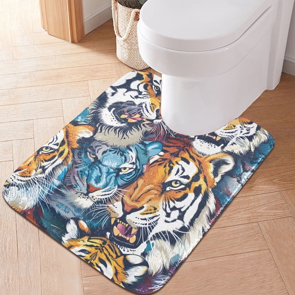 Toilet Rug U-Shaped Bathroom Rugs Non-Slip Soft Plush Machine Washable Contour Bath Mat Ferocious Tiger Face 24x20