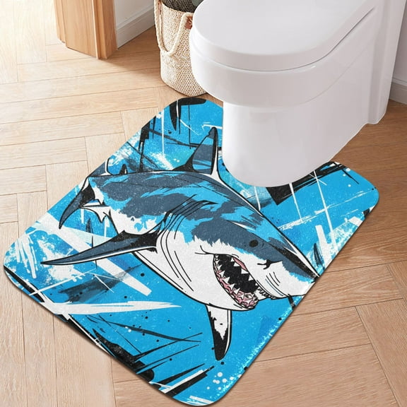 Toilet Rug U-Shaped Bathroom Rugs Non-Slip Soft Plush Machine Washable Contour Bath Mat Fierce Shark 24x20