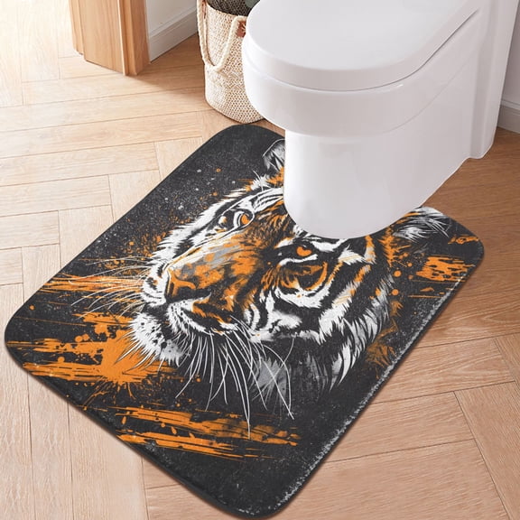 Toilet Rug U-Shaped Bathroom Rugs Non-Slip Soft Plush Machine Washable Contour Bath Mat Fierce Tiger Head 24x20