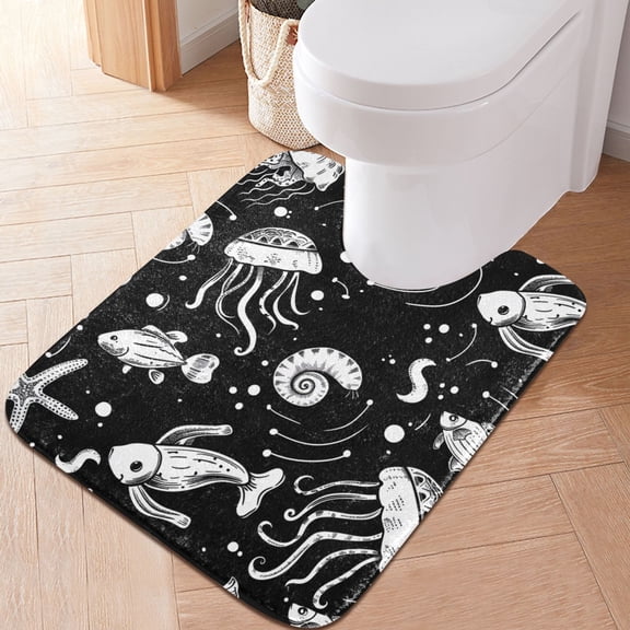 Toilet Rug U-Shaped Bathroom Rugs Non-Slip Soft Plush Machine Washable Contour Bath Mat Fish Jellyfish Conch 24x20