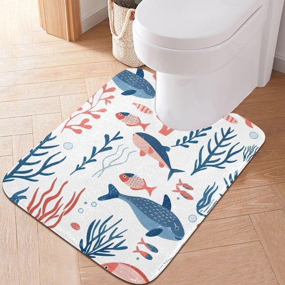 Toilet Rug U-Shaped Bathroom Rugs Non-Slip Soft Plush Machine Washable Contour Bath Mat Fish and Coral 24x20