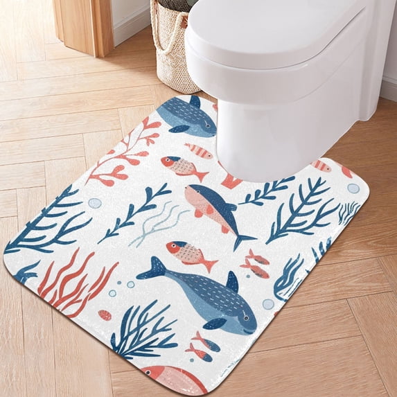 Toilet Rug U-Shaped Bathroom Rugs Non-Slip Soft Plush Machine Washable Contour Bath Mat Fish and Coral 24x20