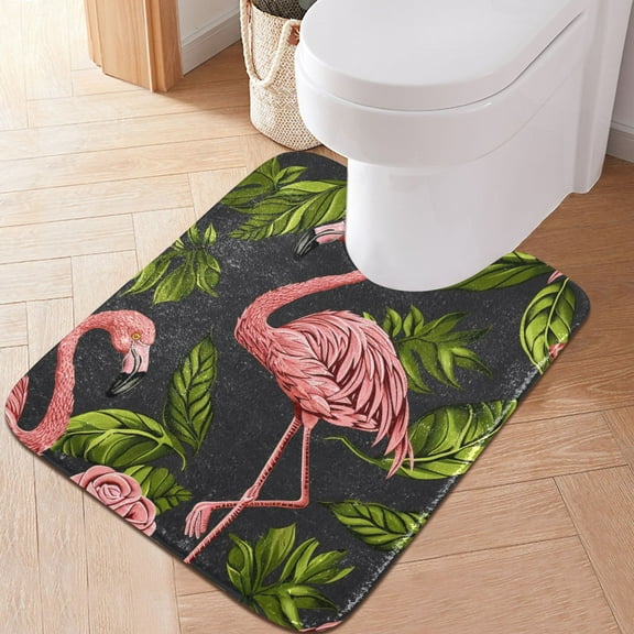 Toilet Rug U-Shaped Bathroom Rugs Non-Slip Soft Plush Machine Washable Contour Bath Mat Flamingo Leaves Rose 24x20
