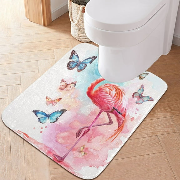 Toilet Rug U-Shaped Bathroom Rugs Non-Slip Soft Plush Machine Washable Contour Bath Mat Flamingo and Butterflies 24x20