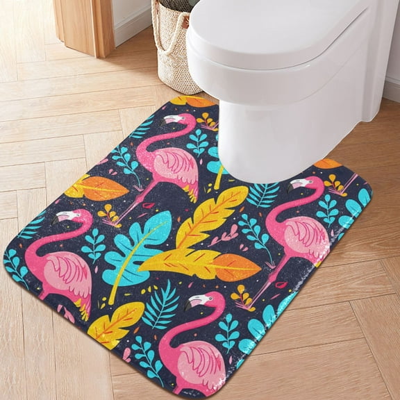 Toilet Rug U-Shaped Bathroom Rugs Non-Slip Soft Plush Machine Washable Contour Bath Mat Flamingo and Leaves 24x20