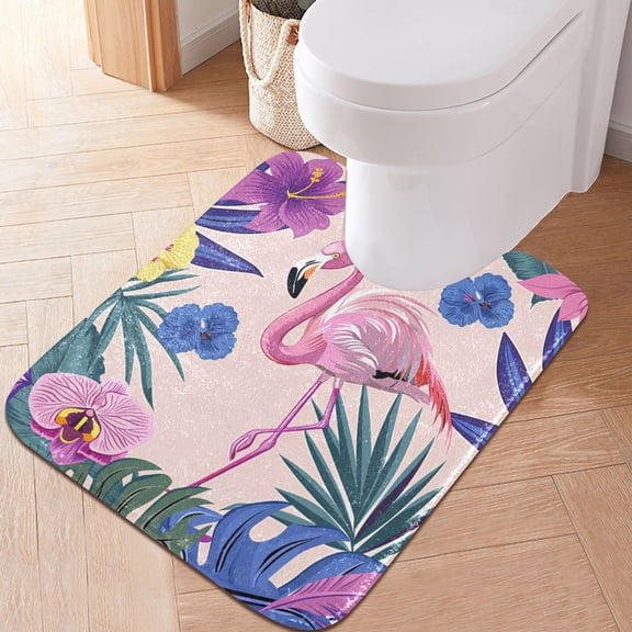 Toilet Rug U-Shaped Bathroom Rugs Non-Slip Soft Plush Machine Washable Contour Bath Mat Flamingo with Flowers 24x20