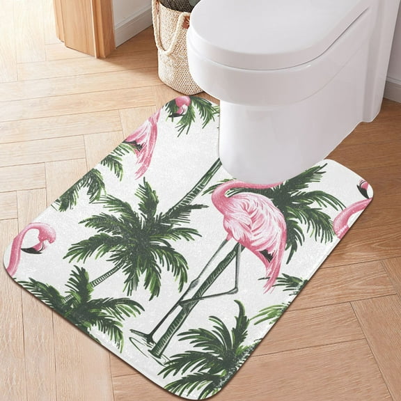 Toilet Rug U-Shaped Bathroom Rugs Non-Slip Soft Plush Machine Washable Contour Bath Mat Flamingos and Palm Trees 24x20