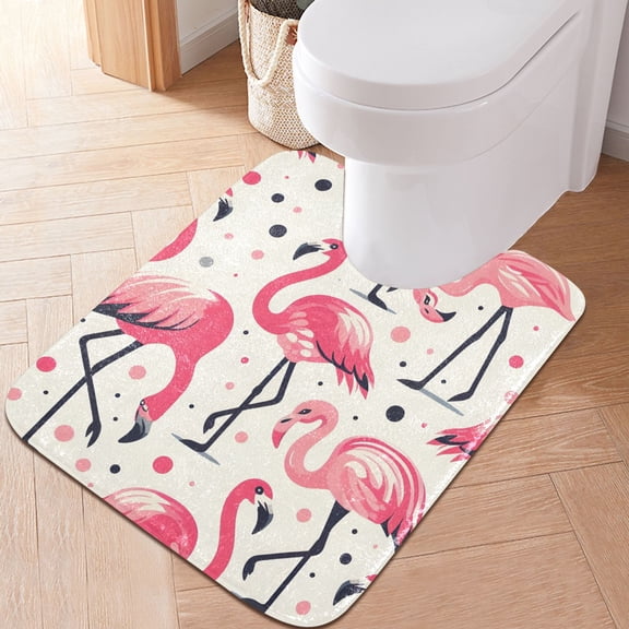 Toilet Rug U-Shaped Bathroom Rugs Non-Slip Soft Plush Machine Washable Contour Bath Mat Flamingos with Polka Dot 24x20