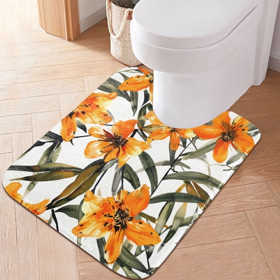 Toilet Rug U-Shaped Bathroom Rugs Non-Slip Soft Plush Machine Washable Contour Bath Mat Floral Flowers 24x20
