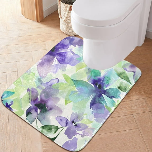 Toilet Rug U-Shaped Bathroom Rugs Non-Slip Soft Plush Machine Washable Contour Bath Mat Floral Petals Butterflies 24x20