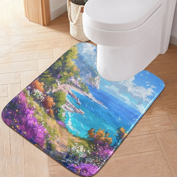 Toilet Rug U-Shaped Bathroom Rugs Non-Slip Soft Plush Machine Washable Contour Bath Mat Flower Seacoast 24x20
