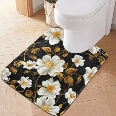 Toilet Rug U-Shaped Bathroom Rugs Non-Slip Soft Plush Machine Washable Contour Bath Mat Flower and Golden Leaves 24x20